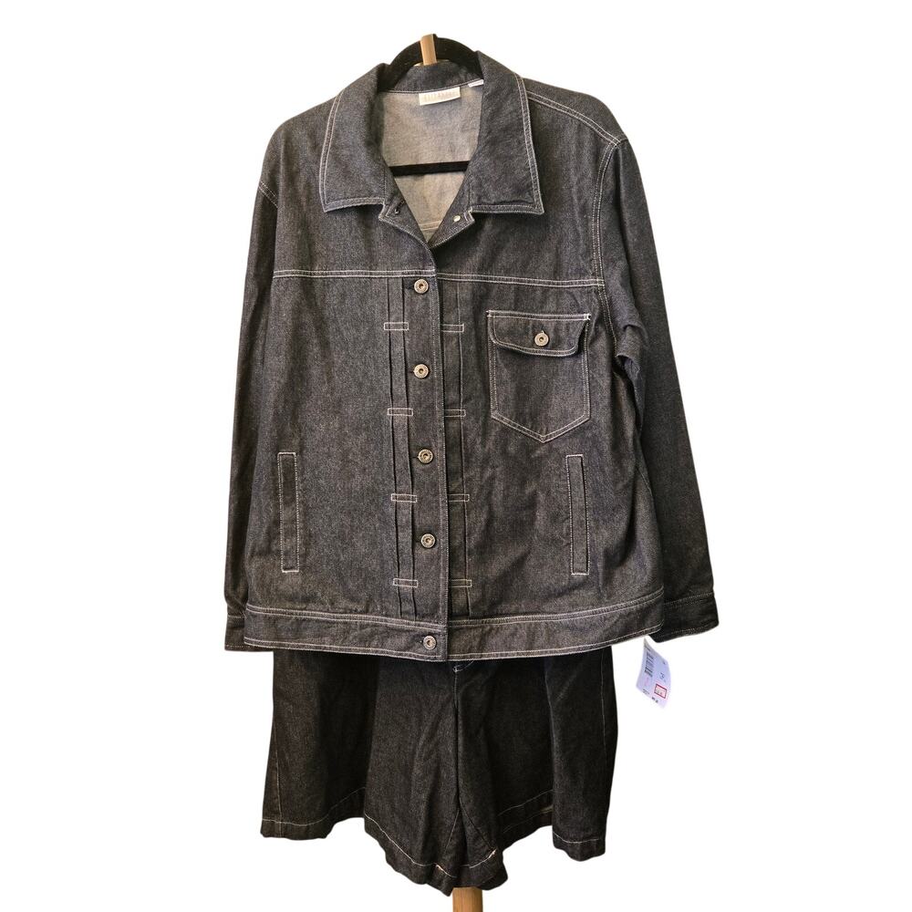NWT Elisabeth/Liz Claiborne 18 Black 100% Cotton Denim Jacket/Shorts Set [0264]